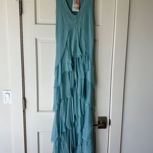 M Made in Italy Long maxi Silk Dress, Green – one size   NWT